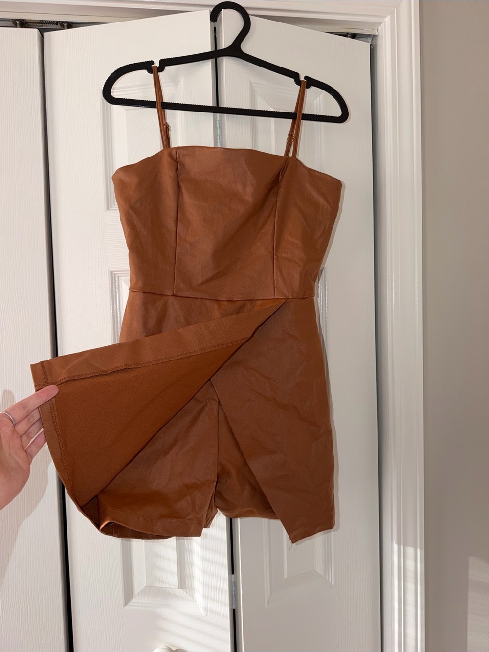 Altar'd State Brown Faux-Leather Mini Dress with Tulip Skirt
